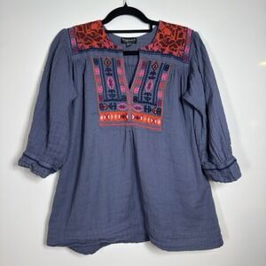 FRAGONARD Embroidered Boho Blue Babydoll Floral Top Cotton Size T1 Small